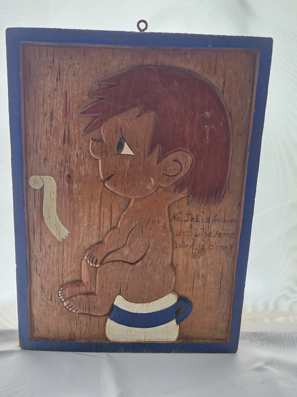Handcrafted Wood Wall Art - Boy on Pot in Blue Frame